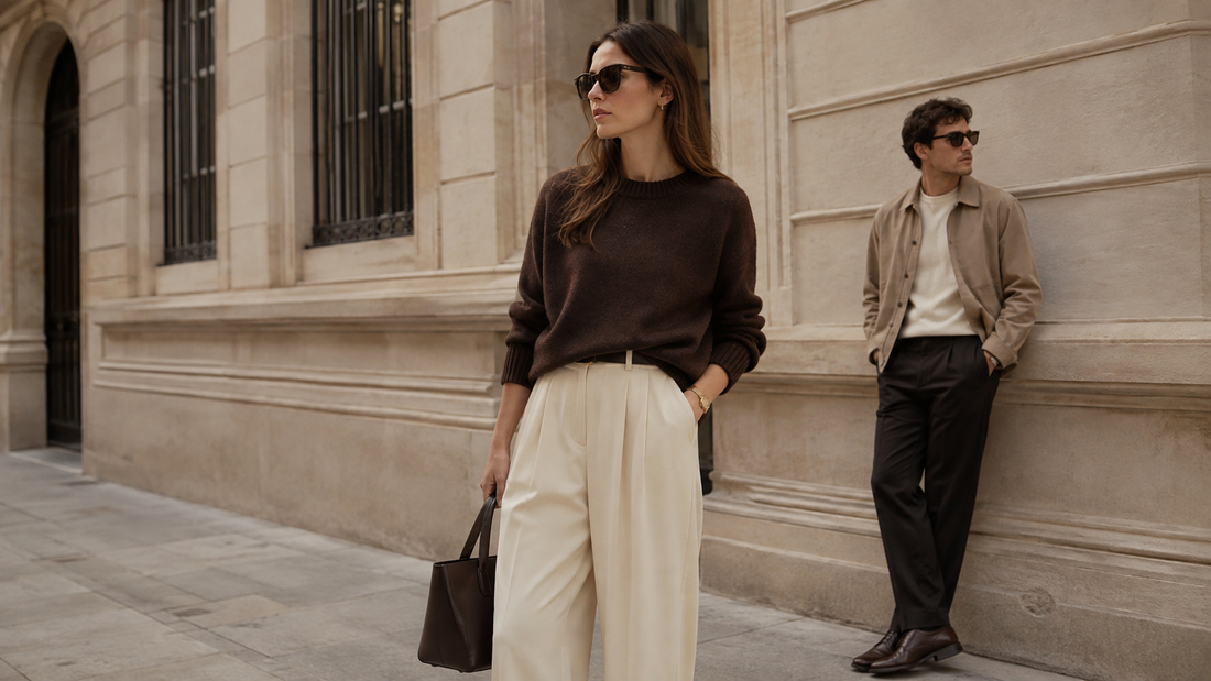 Veloran early autumn outfit ideas featuring neutral knitwear, wide-leg trousers and minimalist layering