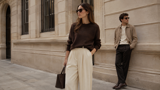 Veloran early autumn outfit ideas featuring neutral knitwear, wide-leg trousers and minimalist layering