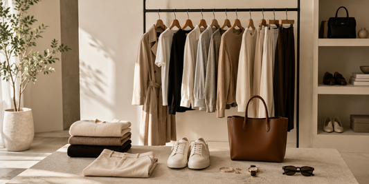 Minimalist wardrobe essentials with neutral clothing, knitwear, trousers, sneakers, bag and accessories