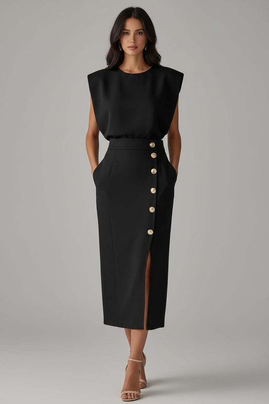 Sleeveless button-detail midi dress with high-waisted silhouette and lightweight polyester fabric for effortless summer style