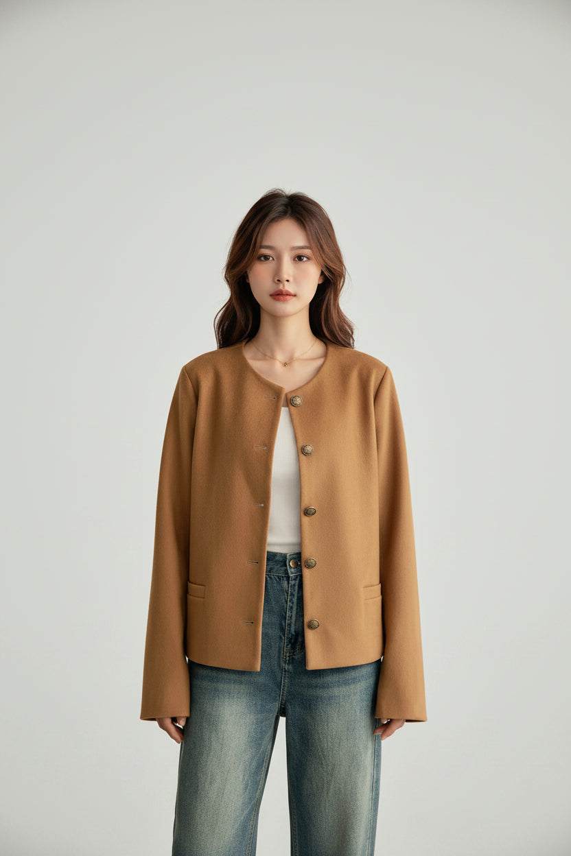 Soft faux suede coat with long sleeves and relaxed silhouette for easy seasonal layering in neutral tones