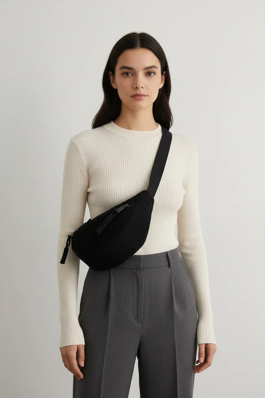 Casual corduroy belt bag with soft textured crescent design and adjustable strap for everyday wear