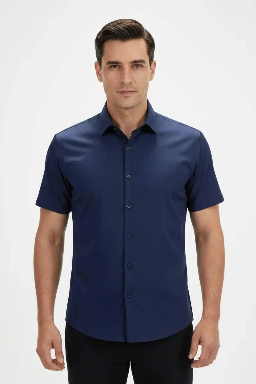 Veloran Men’s Essential Short Sleeve Button-Up Shirt with classic collar and button-front design for smart-casual wear