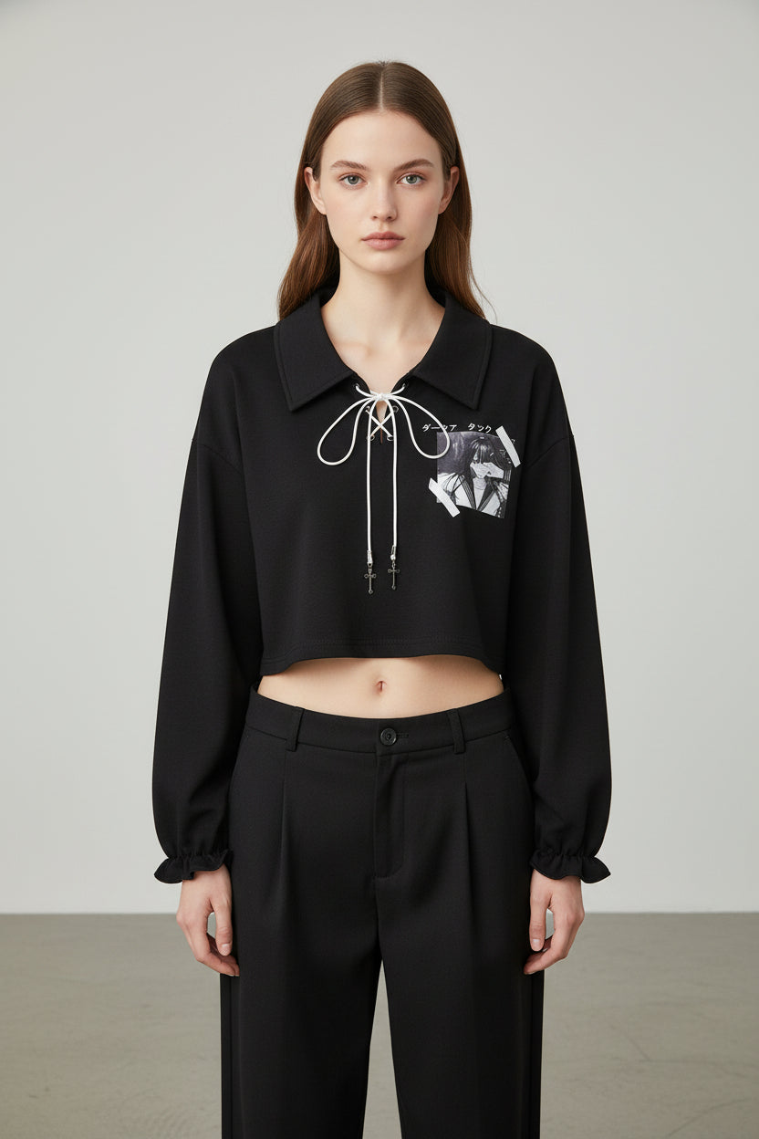 Womens Black Cropped Long-Sleeve Contrast Top