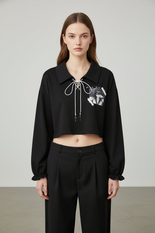 Womens Black Cropped Long-Sleeve Contrast Top