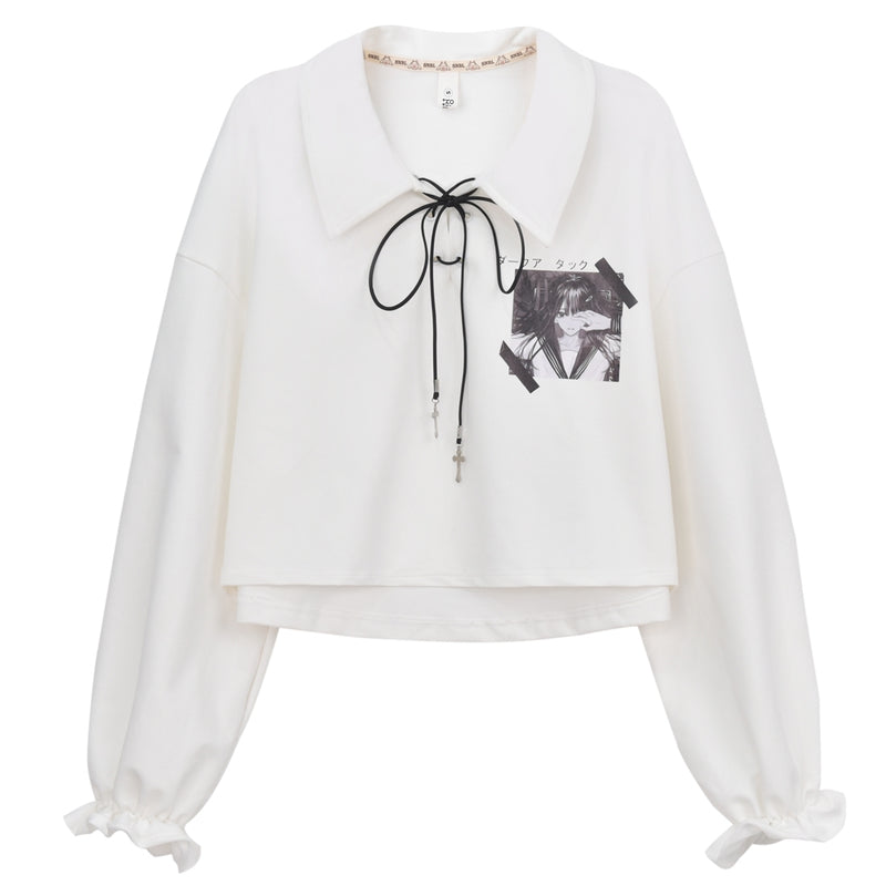 Women’s white cropped long-sleeve top with contrast cord and graphic detail