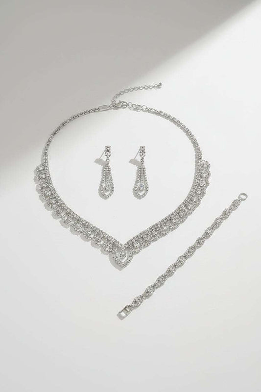 European and American style silver rhinestone jewelry set with necklace, earrings, and bracelet
