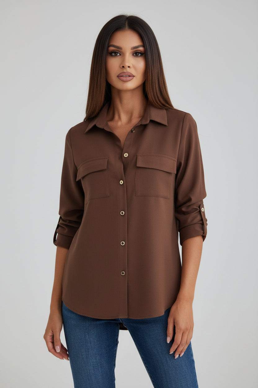 Women’s relaxed button-up shirt with classic button-front and chest pocket by Veloran