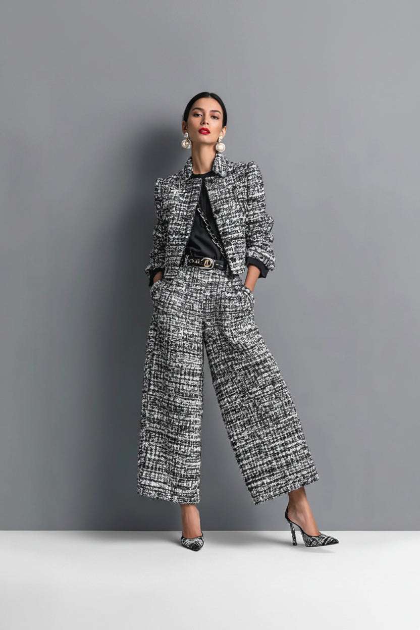 Tailored cropped blazer with wide-leg trousers two-piece set for modern polished styling