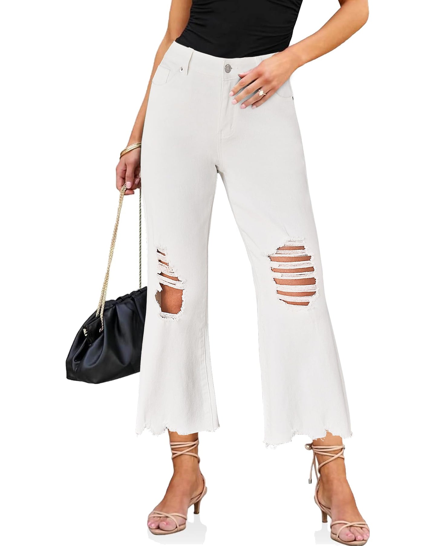 luvamia Wide Leg Jeans for Women Trendy High Waisted Flare Ripped Cropped Jeans Stretchy Distressed Denim Pants Raw Hem Ripped Wide Leg Jeans for Women Womens Pants Women Cream White Size 4 Size 6