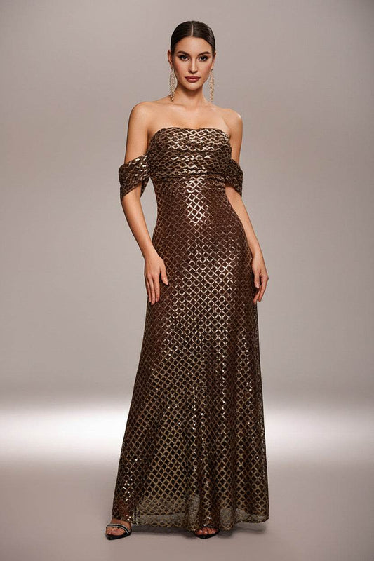 Sleeveless off-the-shoulder sequin evening gown with A-line silhouette and shimmering finish