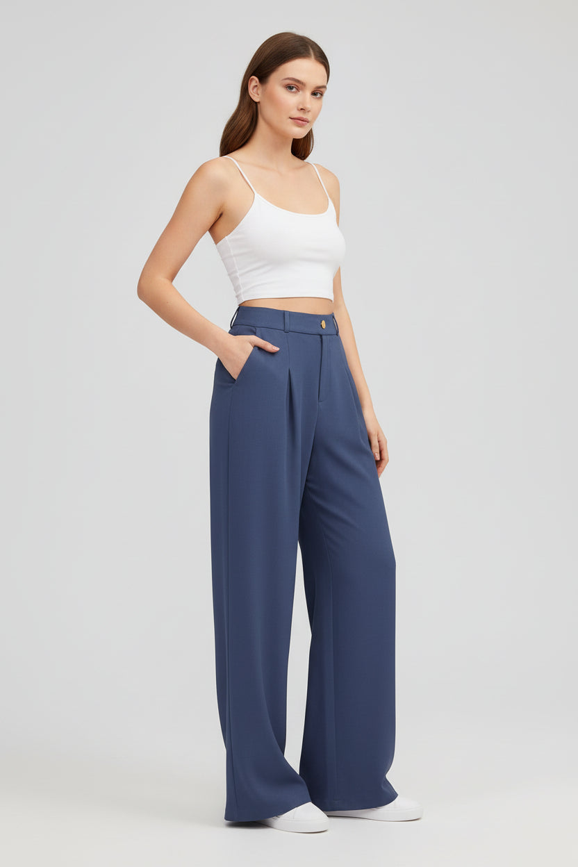 Model wearing sapphire blue wide-leg pants
