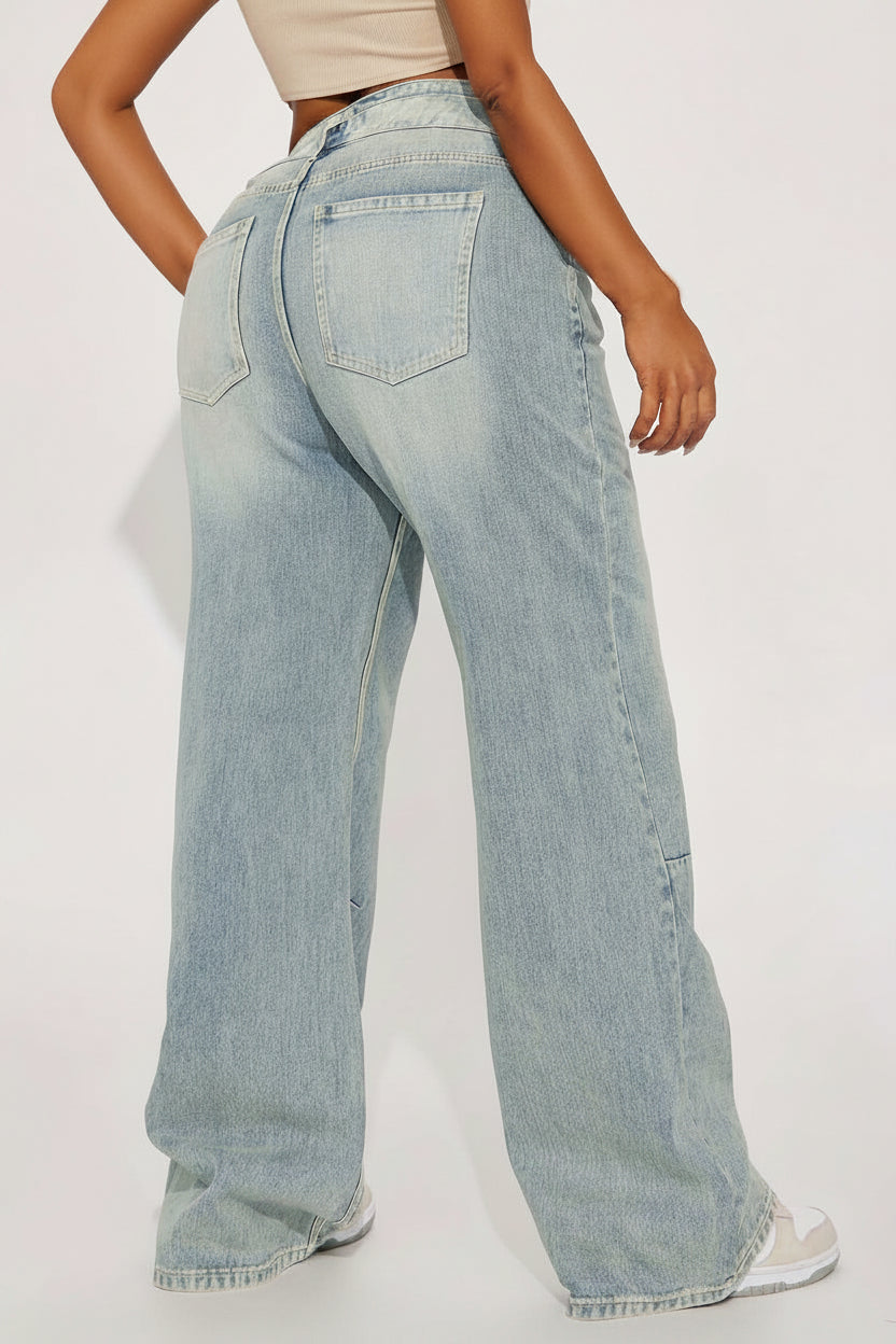 Women's grey washed wide-leg jeans front view