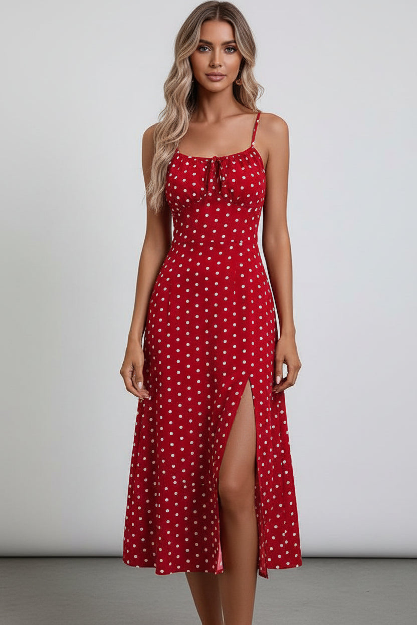Women's polka dot maxi dress front view