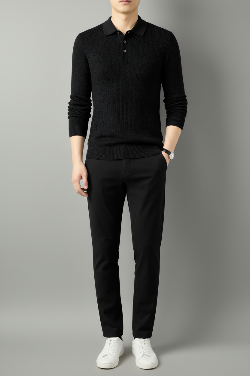 Men’s black cable-knit collared sweater with long sleeves, styled with black trousers on a neutral gray studio background.