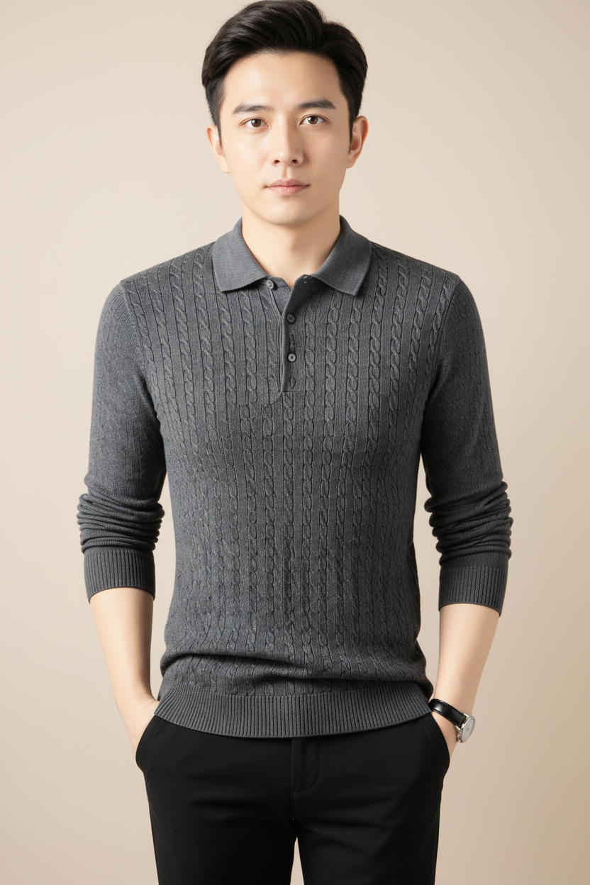 Men’s dark gray cable-knit collared sweater with long sleeves, styled with black trousers on a neutral gray studio background.