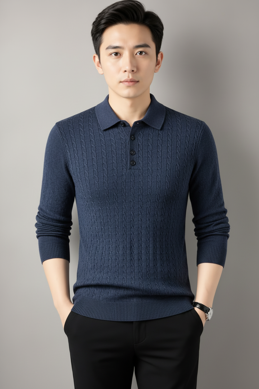 Men’s graphite blue cable-knit collared sweater with long sleeves, styled with black trousers on a neutral gray studio background.