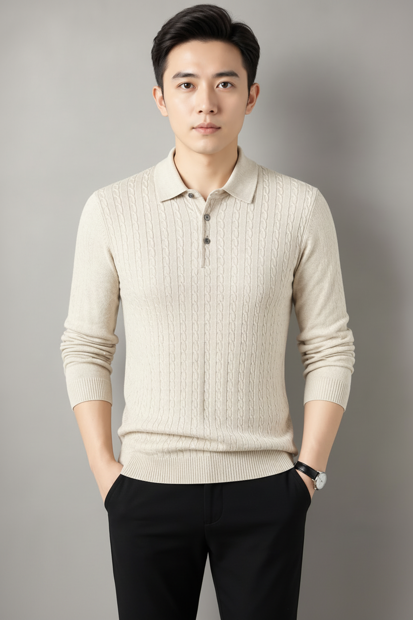 Men’s light beige cable-knit collared sweater with long sleeves, styled with black trousers on a neutral gray studio background.